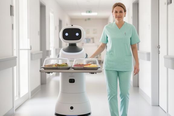 KI-Assistenzroboter transportiert Mahlzeiten in einem Schweizer Pflegeheim, begleitet von einer Pflegefachkraft im hellen Korridor