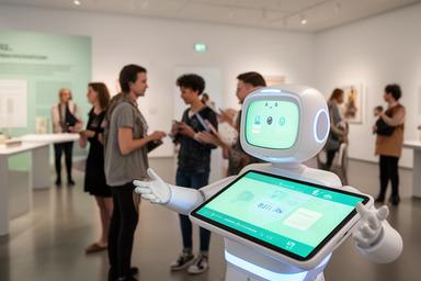 KI-gesteuerter Infobot begrüsst Besucher in einem Schweizer Museum mit interaktivem Display